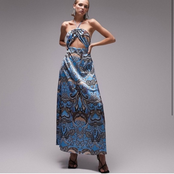 Topshop NWT Blue Paisley Cutout Backless Halter Festival Maxi Dress- Size 4 - Picture 2 of 9